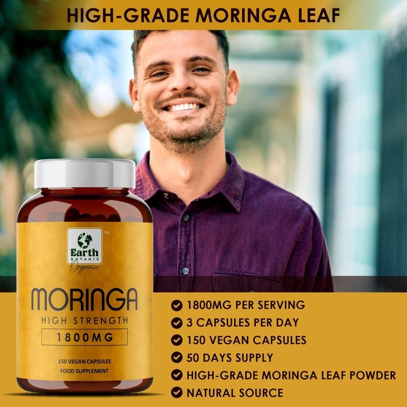 Earth BOTANIC Organic Moringa Capsules 1800mg-150 Moringa Leaves Powder Capsules