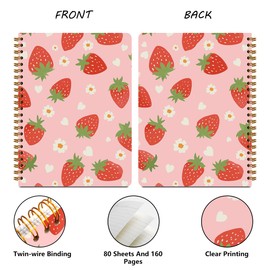 MQBMQB 2Pcs Strawberry Pink Spiral Notebooks for Women, Notebook College Ruled, Pink Notebook Travel Journal for Writing, Cute Diary Strawberry Gifts for Women, A5(8.3x5.8inch)