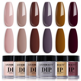 AZUREBEAUTY Dip Powder Nail Set, 6 Colors Fall Winter Dark Brown Nude Purple Natural Dipping Powder Starter Kit, French Nail Art Manicure DIY Salon, No Need Nail Lamp Cured