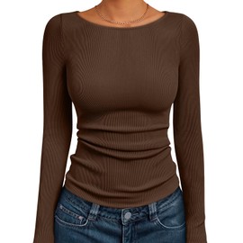 Trendy Queen Womens Long Sleeve Shirts Ribbed Underscrub Tops Boat Neck Basic Tees Fall Fashion Clothes 2025 Brown L