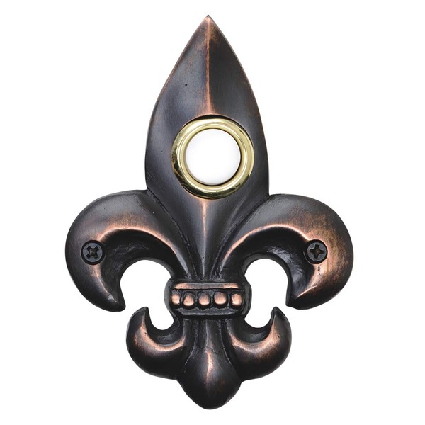 Waterwood Solid Brass Small Fleur De Lis Doorbell in Oil Rubbed Bronze - Wired & Illuminated Push Button - Environmentally Friendly Recycled Material