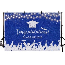 AIBIIN Graduation Backdrop Blue and Silver Congratulations Class of 2025 Photography Background Graduation Party Decorations Photo Banner, 8x6ft