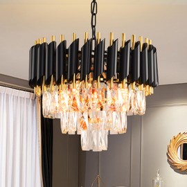 MEIOSOA Modern Crystal Chandelier Black and Gold Chandelier 3-Tier Round Pendant Ceiling Light Fixture Flush Mount Chandeliers for Dining Room Living Room Bedroom Foyer Hallway Entryway Kitchen W16