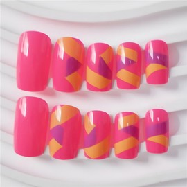 24Pcs Cute Pink Press on Nails Short Square Shaped Fake Nails Yellow Purple Stripe Designs False Nails Glossy Summer Artificial Nails Reusable Glue on Nails for Women Man Nails Press On