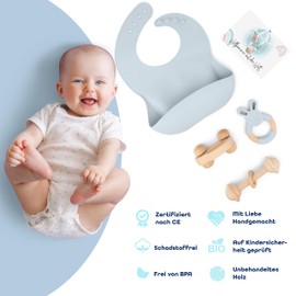 LUXS BABY Baby Geschenk Junge [4-Teilig] für Neugeborene | Handmade Spielzeug, Silikon Lätzchen, Holzauto, Beißring, Rassel | Geschenk zur Geburt, Babyparty