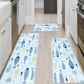PKAGQEM Coastal Kitchen Rugs Set of 3 Farmhouse Fish Non Slip Floor Mats