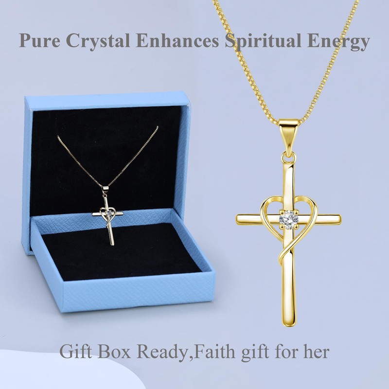 Eesphy Cross Heart Necklace, 18K Gold Plated Crystal Pendant for