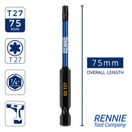 5 x Rennie Tools 75mm Long T27 TX27 Impact Screwdriver Driver Bits Set. Heavy Duty Magnetic Torx Screwdriver Bit Set. Black Oxide Coated Torx Impact Driver Bits. Torx Bit Set.