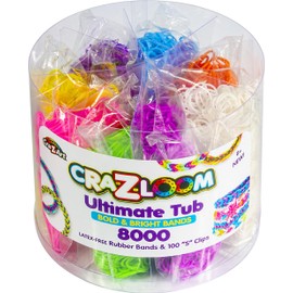 Cra Z Art Cra-Z-Loom Ultimate Tub 8000 Latex Free Rubber Bands and 100 “S” Clips for Making Crafts in Bold and Bright Colors, multi