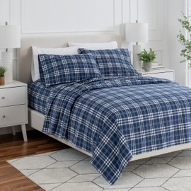 Bare Home Flannel Sheet Set Prints, 100% Cotton, Velvety Soft Heavyweight - Double Brushed Flannel for Extra Softness & Comfort - Deep Pocket - Bed Sheets (Full, Stirling Plaid - Blue/White)