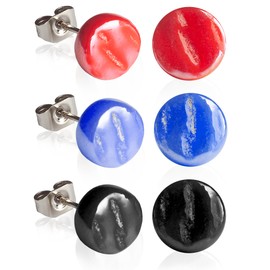 3er Ohrringe Set bunt • Runde Ohrstecker mit Stein in rot, blau, schwarz • Bunte Perlmutt Ohrringe für Damen • Nachhaltiger Modeschmuck aus Edelstahl & Glas • Ø 8mm