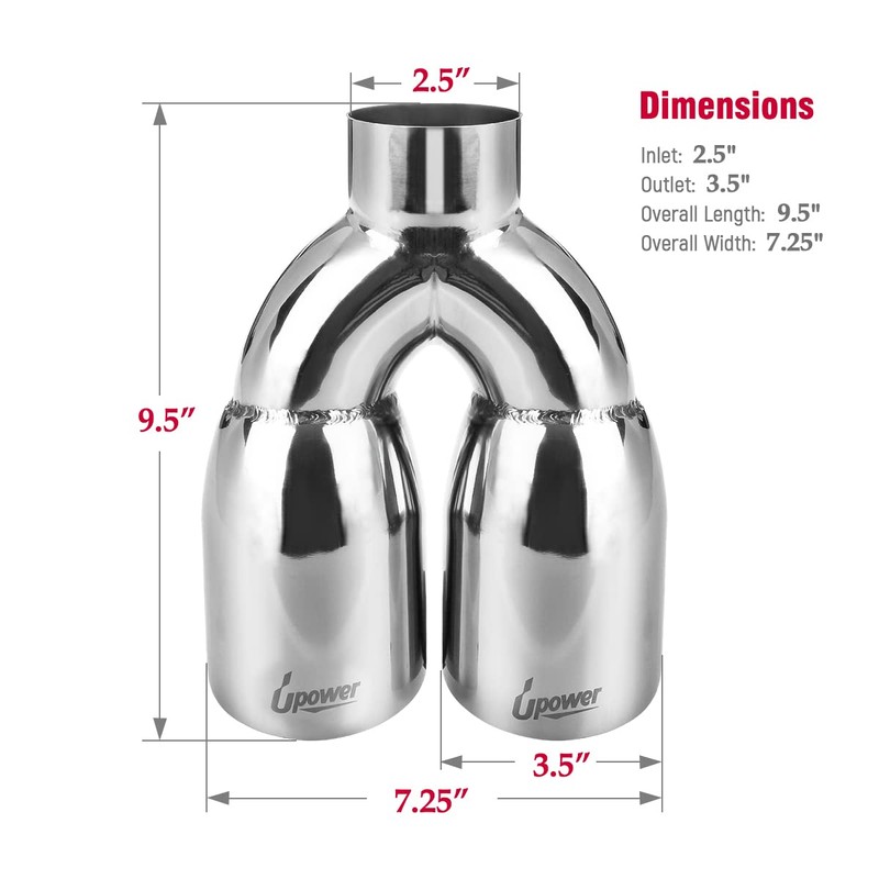 Upower 2.5 Inch Inlet 3.5" Outlet 9.5" Overall Length Polished