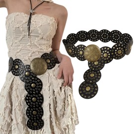 Lopsity Women Wide Belt Disc Boho Belt Leather Hollow Out Round Belts Metal Buckle Western Waist Belts for Dress Jeans (BLACK)