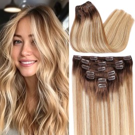 ORIGEN Clip in Hair Extensions Real Remy Human Hair Balayage Chocolate Brown to Caramel Blonde Mixed Brown Hair Extensions for Women 120g 7 Pcs 22 Inches