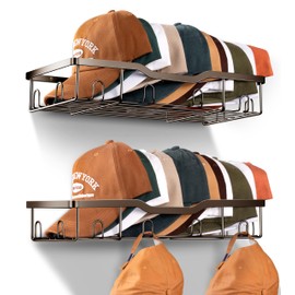 KEETDY Metal Hat Racks for Wall Baseball Cap Organizer Fit 20 Caps Holder, 2 Packs Sturdy Wall Mounted Hat Storage Organizer, Brown