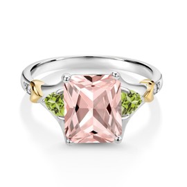 Gem Stone King 925 Silver and 10K Yellow Gold Peach Nano Morganite and Green Peridot and Diamond Engagement Ring For Women (3.58 Cttw, Emerald Cut 10X8MM, Trillion 3.5MM) (Size 6)