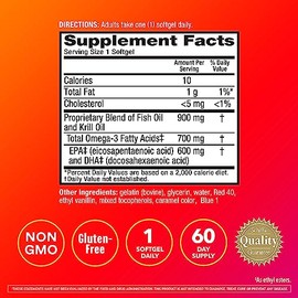 Megared Advanced 4-in-1 Concentrated Omega-3 Fish & Krill Oil Supplement, 900 mg, 60 Count