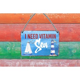 I Need Vitamin Sea Hanging Sign - Metal Sign with Cord and Suction Cup - Maritime Decoration for Beach Chair Bathroom Garden Balcony Patio Entrance Favourite Place Workplace Office Boat - 18 x 12 cm