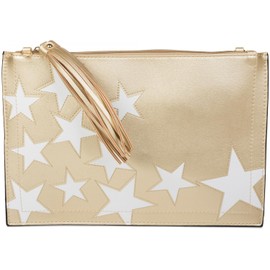 styleBREAKER star design clutch, tassel pendant upon zipper, wrist and shoulder strap, ladies 02012075, Color Gold
