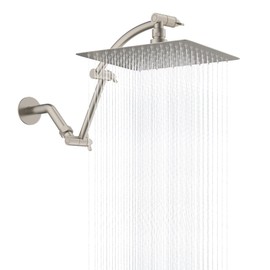 Hibbent All Metal Rain Shower Head, 10'' High Pressure Rainfall Showerhead with 16" Shower Head Extension Arm, Solid Brass Adjustable Shower Arm Extender, Waterfall fixed Showerheads, Brushed Nickel