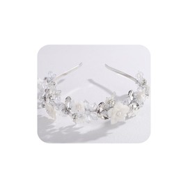 Lenjicons Vintage White Flower Rhinestone Pearls Hair Crown Rhinestone Leaf Hair Tiara Elegant Flower Leaf Rhinestones Hairband Bridal Headband for Women (silver)