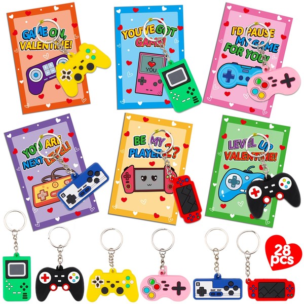 AugToy 28PCS Video Game Keychains Valentines Day Cards for Kids