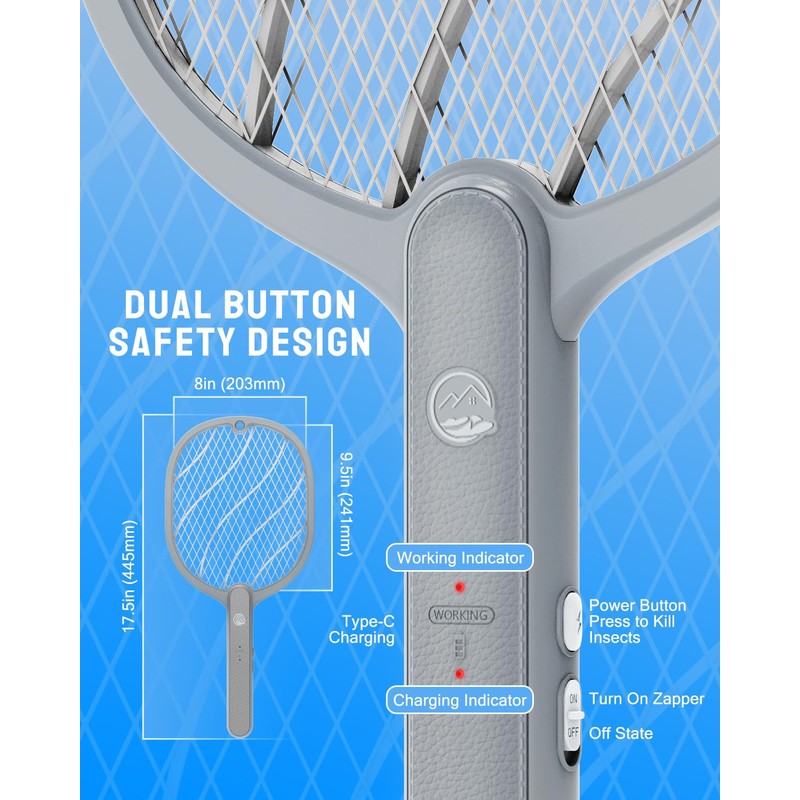 Mosiller Electric Fly Swatter, 3800V Handheld Bug Zapper Racket, Type-C