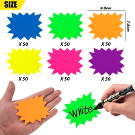 FACATH 300 Pieces Starburst Signs Fluorescent Signs Starburst Signs for Retail Price Tags Signs Sale Tags Signs for Retail Garage and Sale Supplies Price Tags Signs (6 Colors, 7.5 x 9.5 cm)