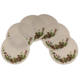 Christmas Printed Woven Braided Table Placemats 15 Inches Round Set of 6 Non-Slip Dining & Kitchen Table Mats Pine Cone
