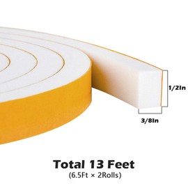 White Weather Stripping for Doors Windows, Closed Cell Windows Sealing Tape Neoprene Foam Rubber Seal Strip Gasket Tape 1/2" Wide X 3/8" Thick, 6.5 Ft X 2 Rolls, Total 13 Feet