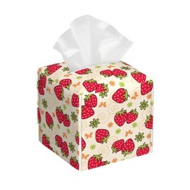 Tissue Box Cover Square,Strawberry and Floral Tissue Box Holder Waterproof Leather Facial Paper Case Modern Home Decoration for Bedroom Dresser Night Stand Office Desk