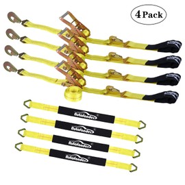 Autofonder 4 Pack 2” Heavy Duty Car Ratchet Tie Down Kit with Snap Hooks-Break Strength 10,000lbs-Working Load 3,333lbs-Includes 36” Axle Straps with D-Ring(Yellow)