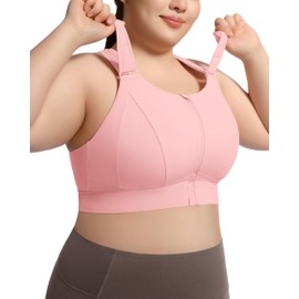 VFUS High Impact Sports Bras for Women Zip Front Adjustable Straps Full Support Bra for Plus Size (Small, Light-Pink)