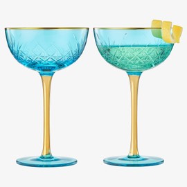 Vintage Art Deco Coupe for Champagne, Martini, Cocktails | Set of 2 | 7 oz Classic Cocktail Glassware - Manhattan, Cosmopolitan, Sidecar, Crystal Speakeasy Style Saucer Goblets with Stems (Blue)
