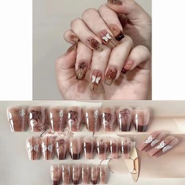 Handmade Nail Tip, Oval, Medium, Long, False Nails, Rhinestones, Popular, Cute, Simple, Fashion, 24 Pieces, All Sizes, Japanese, Brides, Shiny, Wedding Nail Tips, Suitable for Various Nail Sizes