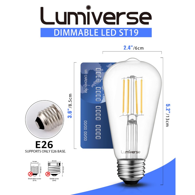 Lumiverse Edison Bulbs 60W Equivalent, Dimmable LED Light Bulbs, CRI