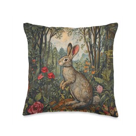 William Morris Style Rabbit in Forest Design, Vintage Bunny Throw Pillow