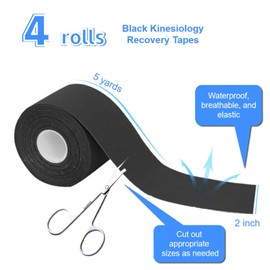 SenseYo 4 Pack Kinesiology Tape, Athletic Tape Supports Protects Muscles, Knees, Shoulders & Plantar Fasciitis, Waterproof & Hypoallergenic Kinesiology Tape (Black)