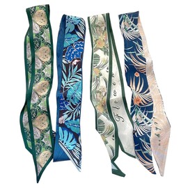 Muaquata 4 Pack Long Floral Skinny Scarf For Women,Headband Hair band Ribbon Handbag Women's Fashion Scarves (Blue)