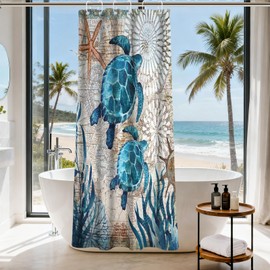 Final Friday Nautical Green Sea Turtles Beach Theme Fabric Shower Curtain Sets Bathroom Blue Ocean Decor with Grommets and Hooks - 36 W x 72 H Inch Teal