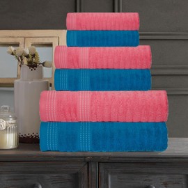 CASA COPENHAGEN Elegance 6 Pieces Ribbed Towels Set, Teal + Pink, 550 GSM, 2 Bath Towel 2 Hand Towel 2 Washcloths, Super Soft Egyptian Cotton for Bathroom, Kitchen & Shower.