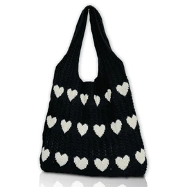 CUNGGI Knitted Shoulder Bag, Crochet Tote Bag with Cute Heart Pattern, Hobo Bag, Knitted Shopping Shoulder Bag, Tote Bag, Hollow Shopper for Women, black