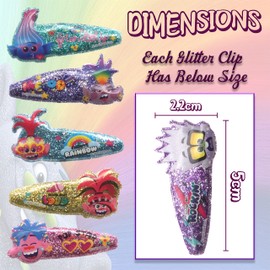 Kids Trolls Glitter Hair Snap Clips 6 Pack - No Slip Christmas Girls Hair Accessories, Lightweight Metal Barrettes for Styling - Christmas Hair Clips Gift for Girls, 5cm