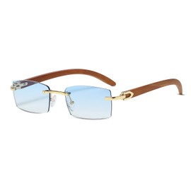 LumiSyne Square Rimless Sunglasses, Men's, Women's, Wooden Frame, Clear, Gradient Lens, Ultra Small Frame, UV400 Protection, Anti-Glare, Retro, Rectangular Glasses, gradient blue/gold