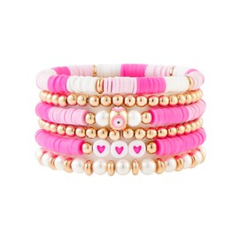 LYNMOS Colorful Heishi Clay Bead Bracelet Set for Women Stackable Vinyl Disc Polymer Beaded Stretch Bracelets Preppy Bohemian Summer Beach Bracelets Jewelry (H-Pink set, 6.8 Inch)