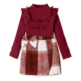 kadoubiyoo Baby Girl Outfits Turtleneck Knitted Ruffle Long Sleeves Tops & Plaid Bowtie Mini Skirts Set Toddler Girls Clothes 2T Christmas Clothing