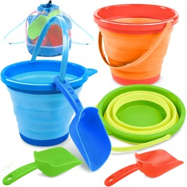 JOYIN 3 Paquetes Cubos Plegables con Palas y Bolsa de Malla, Cubos Plegables Multiusos para Playa, Equipo de Campamento, Fiesta en la Playa, Pesca y Actividades Divertidas de Verano (Naranja/Azul