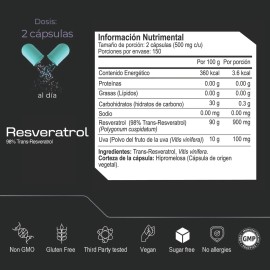 RESVERATROL HIGH PURITY 98% TRANS-RESVERATROL 300 capsulas (1000mg por porcion) by Eternal Nutrition