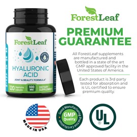 Forest Leaf - Hyaluronic Acid Supplements - 120 Vegetable Capsules - 100mg Dietary Hyaluronic Acid + 50mg Vitamin C Joint & Anti Aging Beauty Formula - Supports Skin Hydration, Joints, Bones & Hair