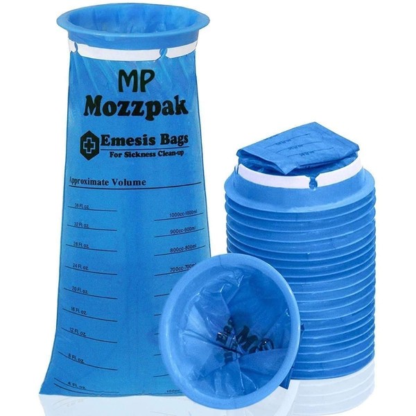 MP MOZZPAK New Vomit Bags – 24 Pack – 1000ml Emesis Bags – Leak Resistant, Medical Grade, Portable, Disposable Barf, Puke, Throw Up, Nausea Bags for Travel Motion Sickness, Car & Aircraft, Kids, Taxi